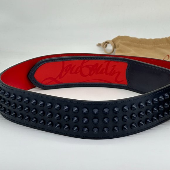 Christian Louboutin LOUBI Logo Spike Studded Leather Belt Navy Blue - Picture 4 of 10